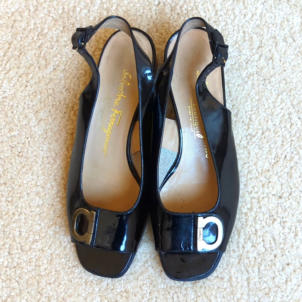 Pretty Black Patent Ferragamo Slings